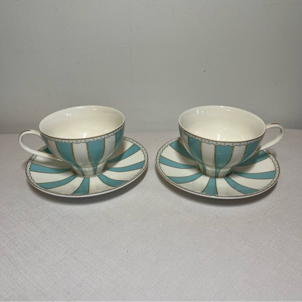 Meritage Heritage Fabio blue & White Striped Teacup & Saucers. 6 oz. Set of 2.